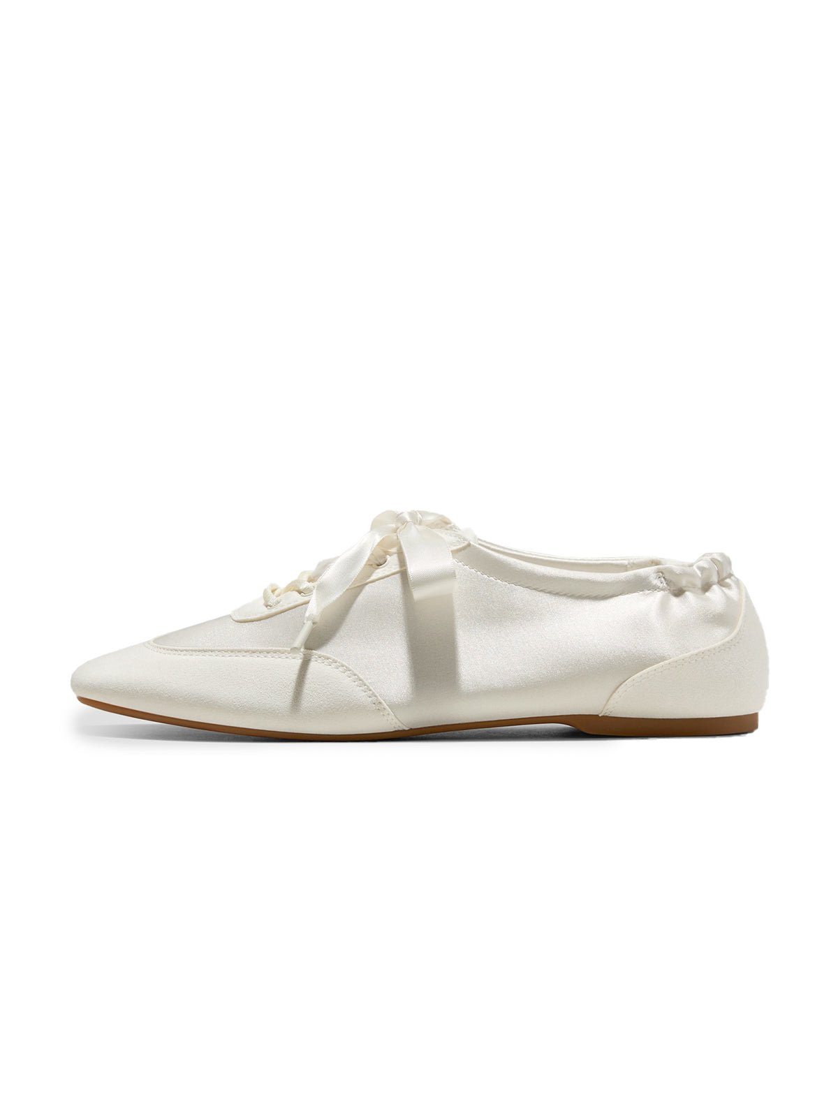 Cream Satin And Faux Suede Square-Toe Floral Embroidery Lace-Up Flats
