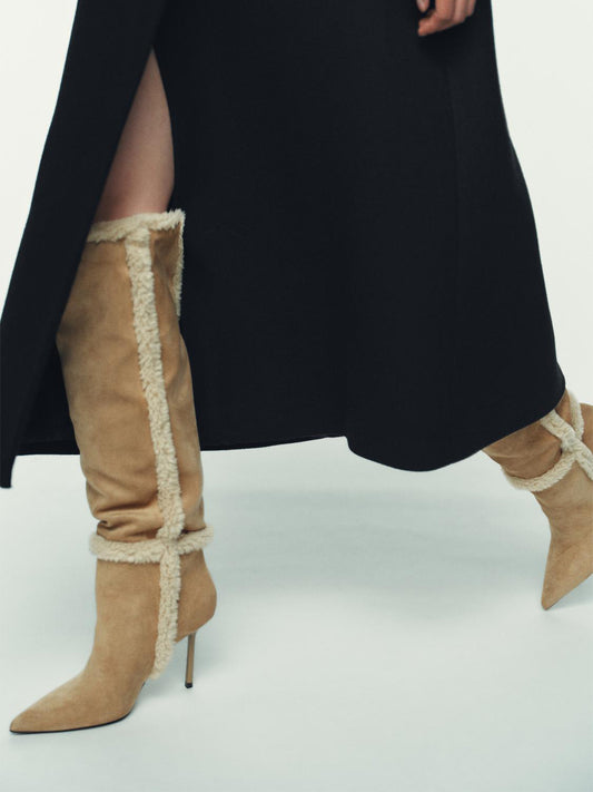 Light Beige Faux Suede Pointed-Toe Plush Wide Calf Knee High Stiletto Boots