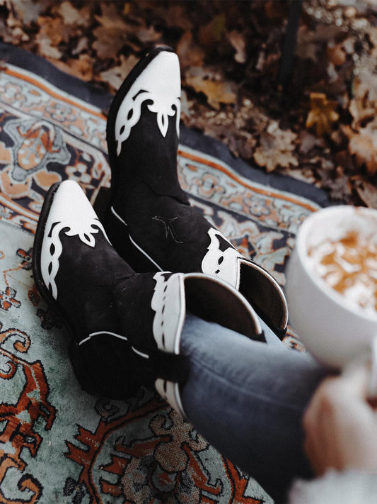 Black Faux Suede Snip-Toe Western Mid Calf Cowgirl Boots