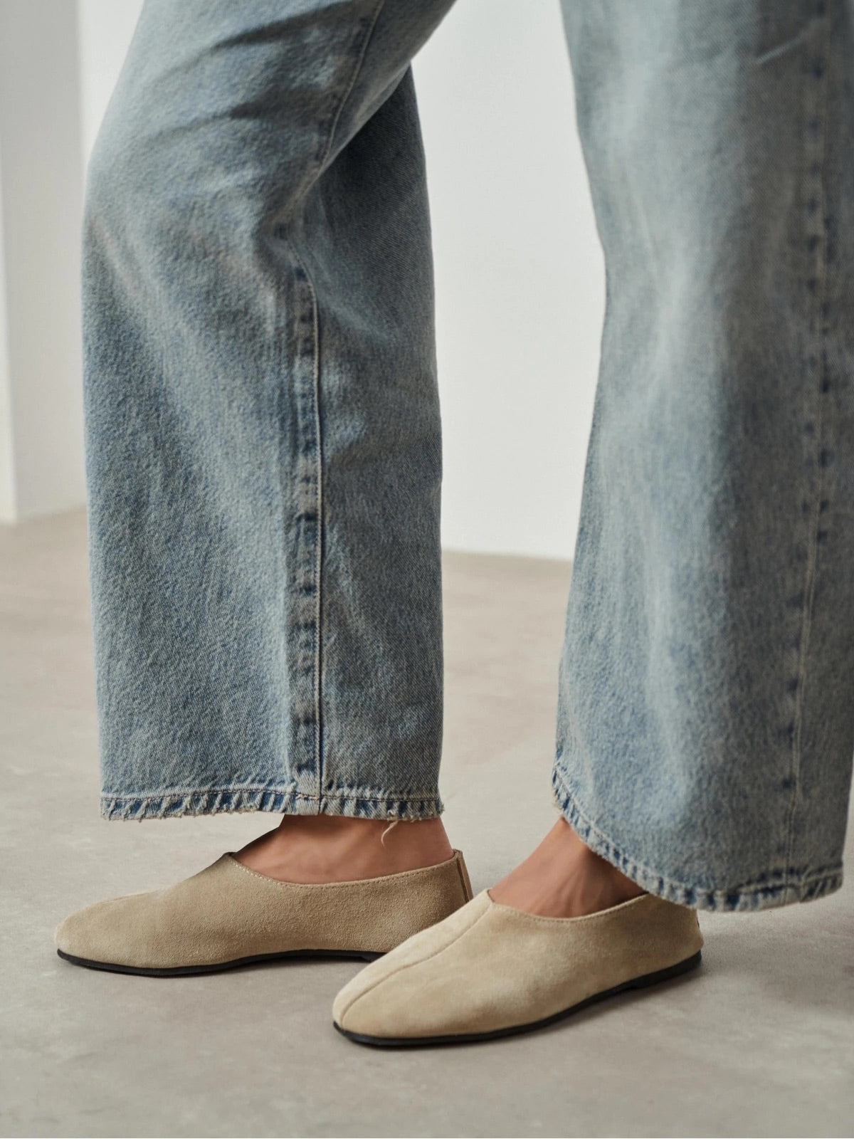 Beige Cow Suede Round-Toe Slip-On Simple Flats