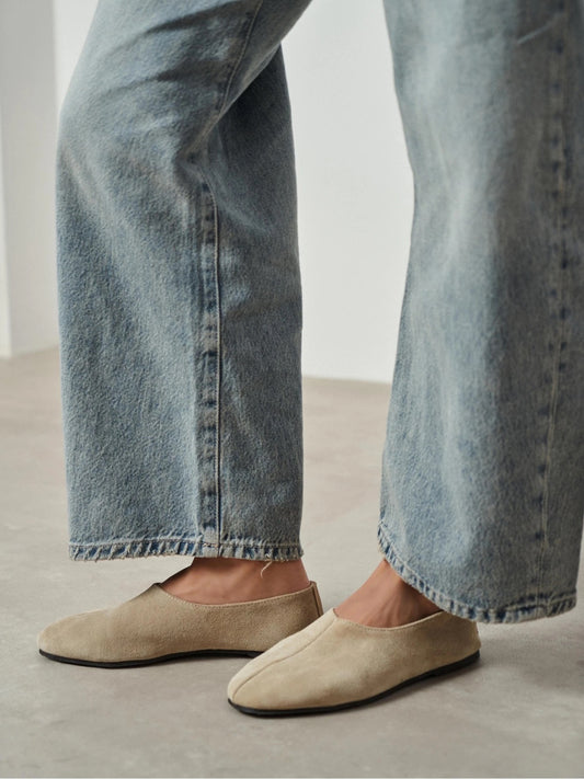 Beige Cow Suede Round-Toe Slip-On Simple Flats