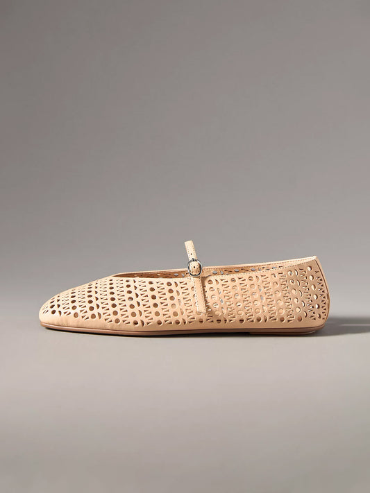 Beige Square-Toe Bridge Strap Eyelet Mary Jane Flats