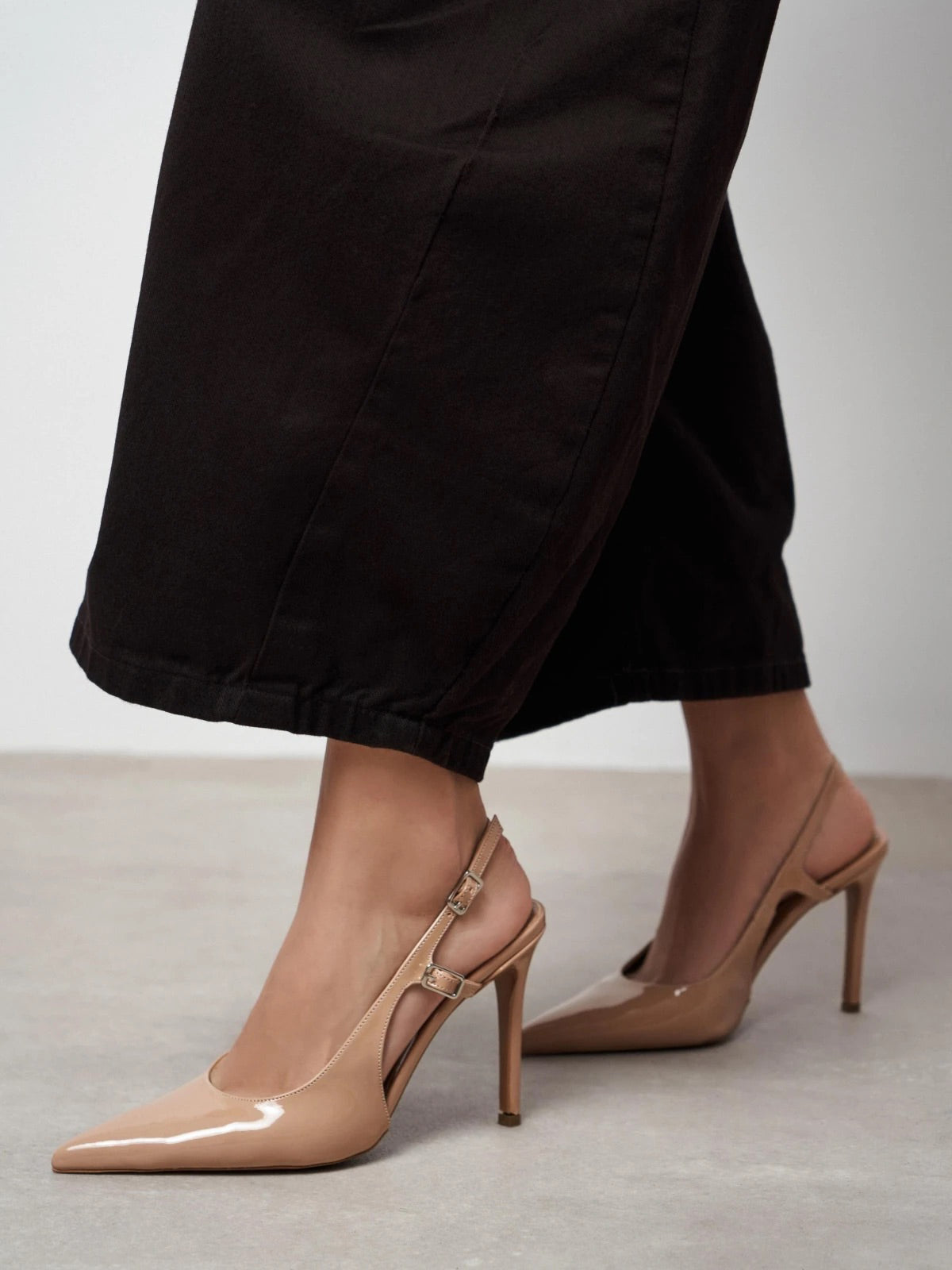 Patent Leather Pointed-Toe Buckle Back Strap Chic High Heels - Beige