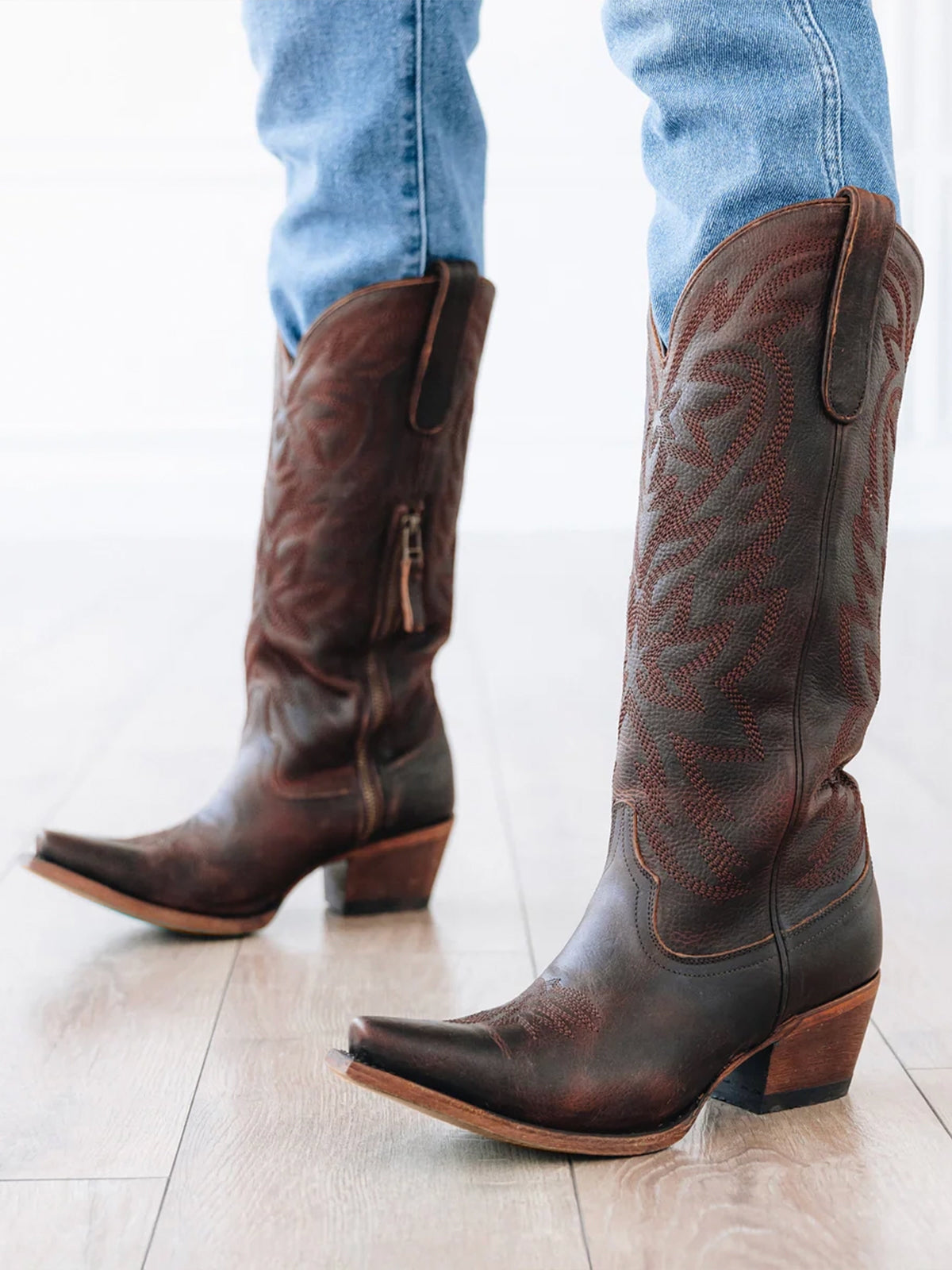 Western Snip-Toe Embroidery Classic Knee High Half-Zip Cowgirl Boots - Cognac