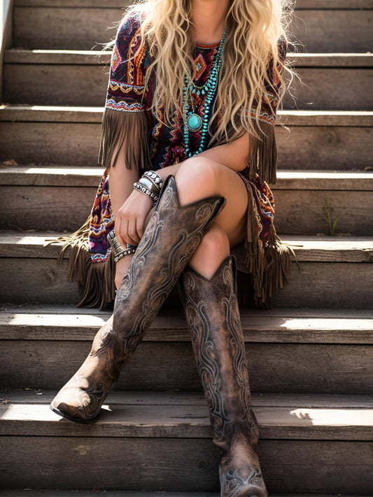Distressed Brown Snip-Toe Delicate Embroidery Half-Zip Knee High Cowgirl Boots