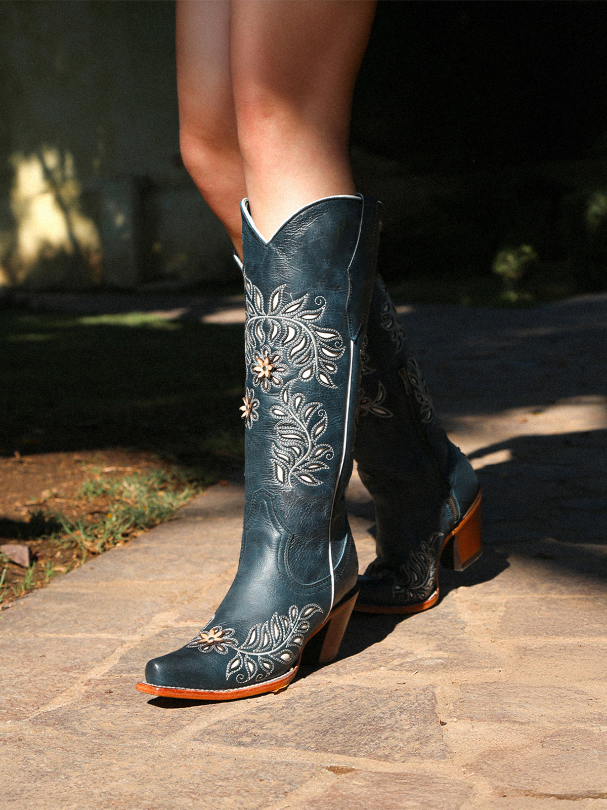 Navy Snip-Toe Leaves Flowers And Bird Inlay Half-Zip Knee High Cowgirl Boots