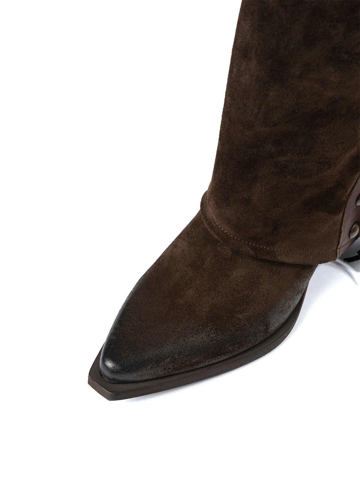 Dark Tobacco Faux Suede Snip-Toe Side Studded Fringe Fold-Over Knee High Cowgirl Boots