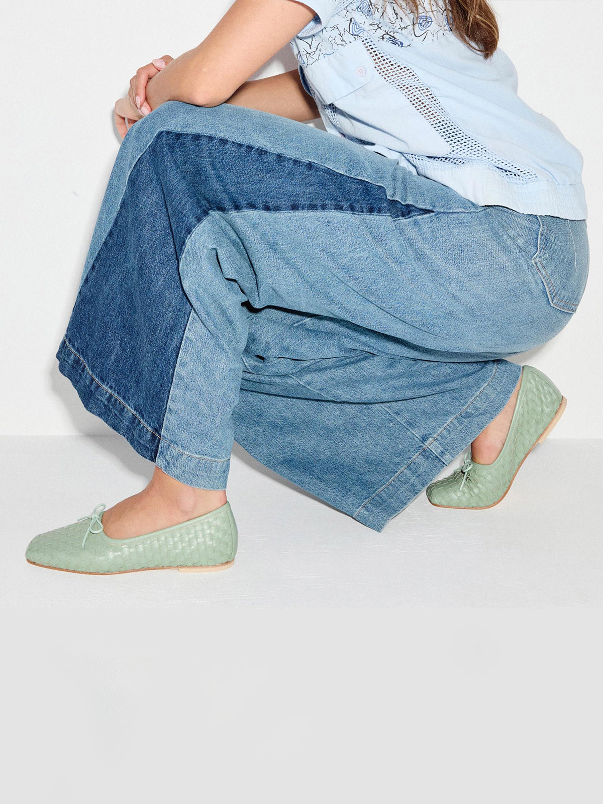 Vegan Leather Woven Square-Toe Bow Ballet Flats - Seafoam Green