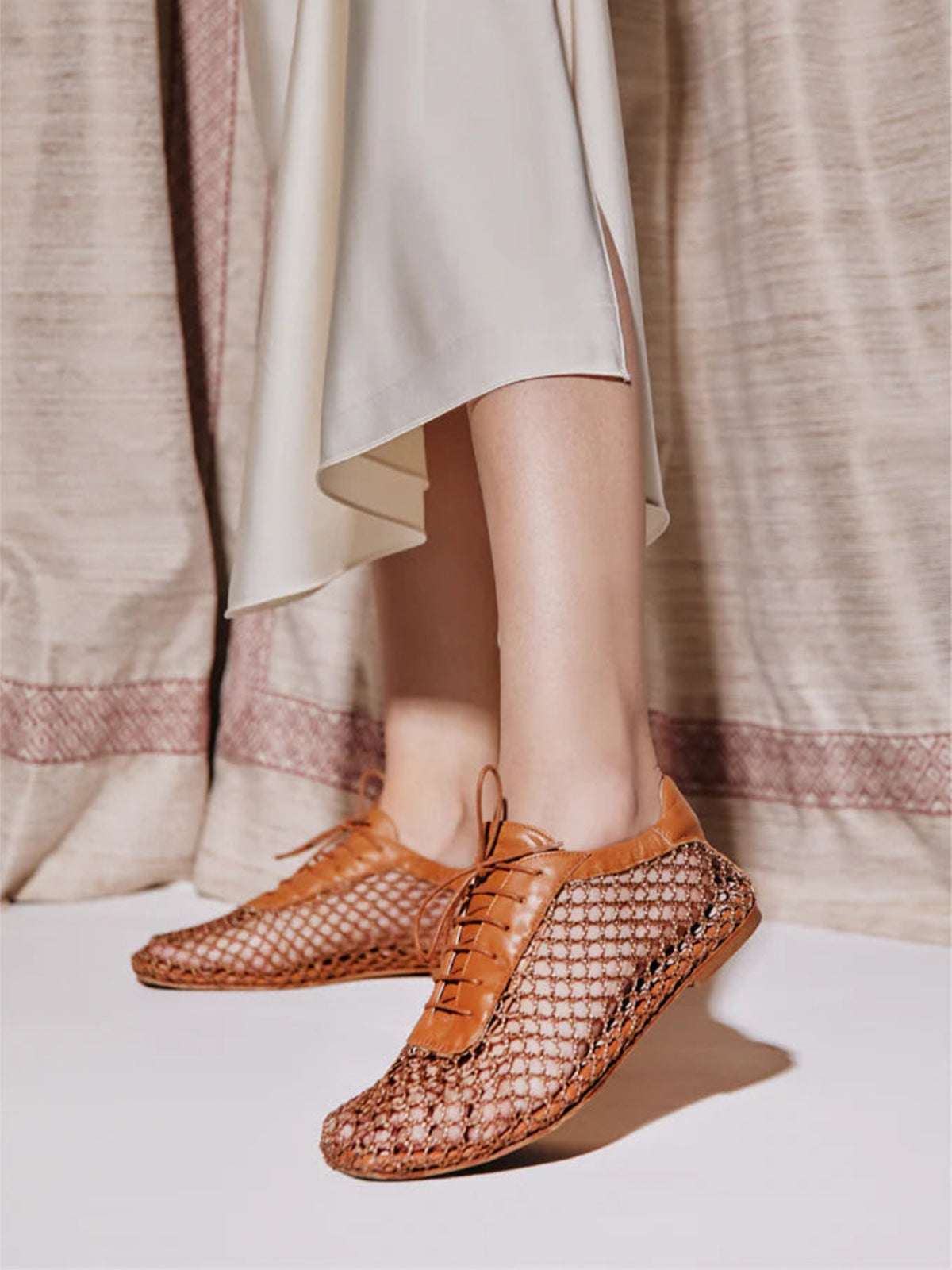 Camel Mesh And Vegan Leather Square-Toe Lace-Up Chic Flats