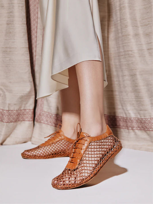 Camel Mesh And Vegan Leather Square-Toe Lace-Up Chic Flats