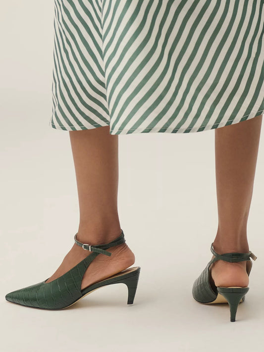 Green Stone Print Pointed-Toe Chic Slingback And Buckle Ankle Strap Kitten Heels