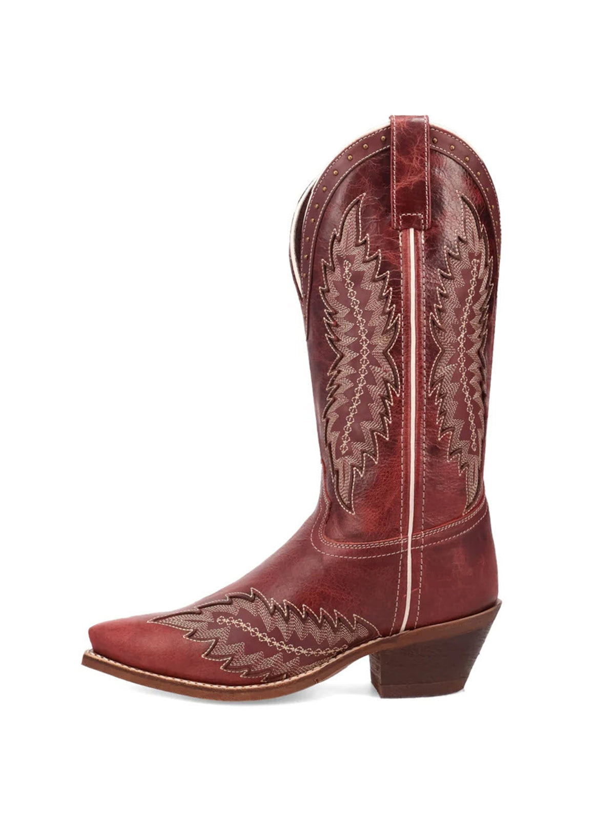 Red Snip-Toe Leaves Inlay With Embroidery Studs Mid Calf Cowgirl Boots