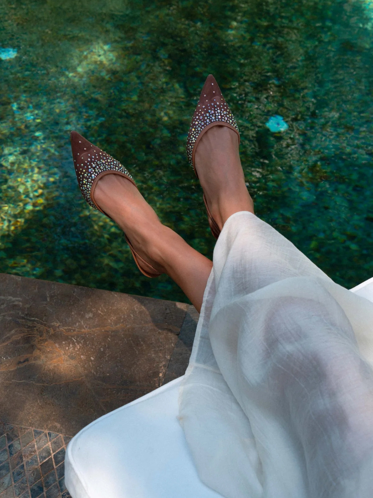 Nude Rhinestone Mesh Pointed-Toe Slingback Kitten Heels