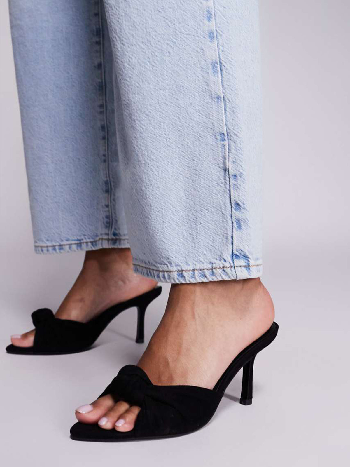 Black Faux Suede Pointed-Toe Knot Slip-On Backless High Heels