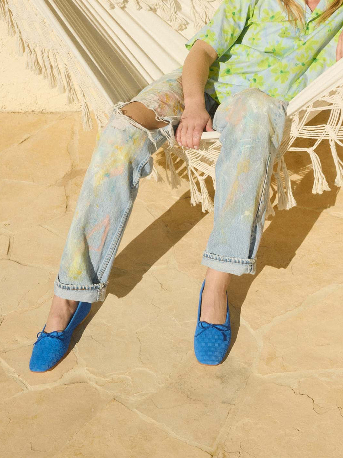 Dark Blue Woven Faux Suede Square-Toe Front Bow Ballet Flats