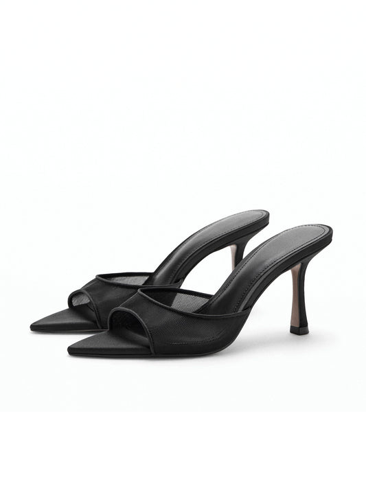 Black Mesh And Satin Pointed-Toe Simple High Heels Sandals
