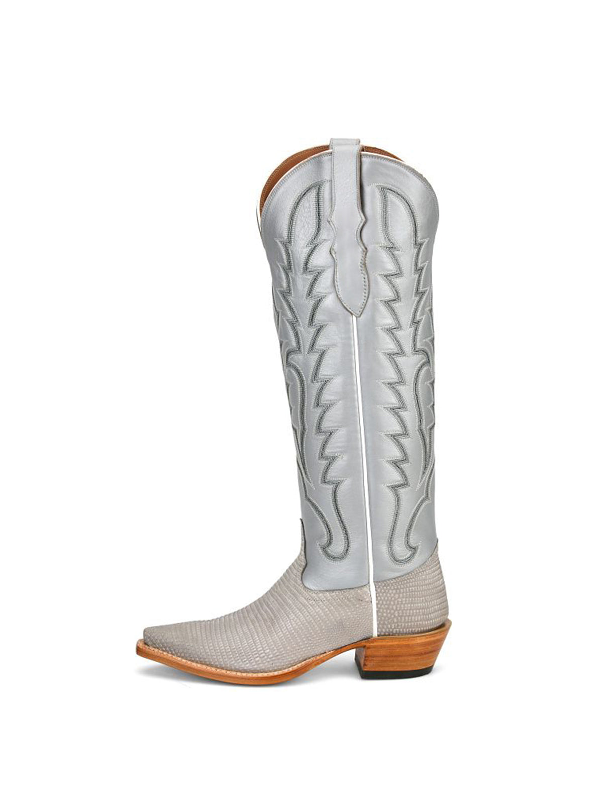 Grey Lizard Print Snip-Toe Western Stitch Knee High Cowgirl Boots