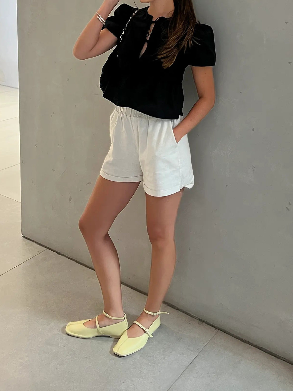 Yellow Square-Toe Buckle Middle And Ankle Strap Chic Flats