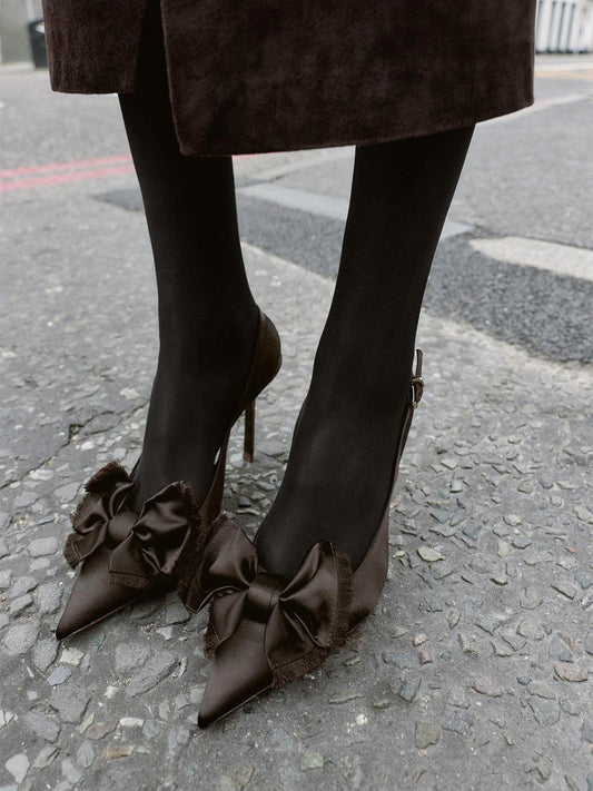 Brown Satin Pointed-Toe Big Front Bow Slingback High Heels