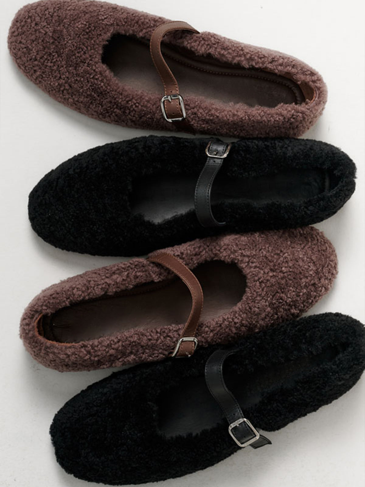 Coffee Plush Round-Toe Buckle Bridge Strap Classic Flats