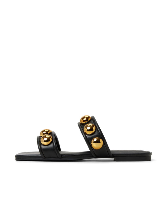 Black Square-Toe Double Straps With Studs Flats