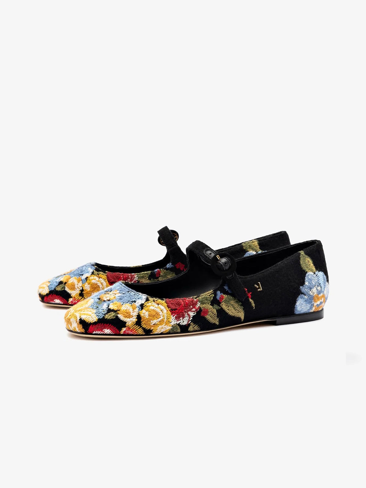 Black Faux Suede Round-Toe Colorful Floral Embroidery Bridge Strap Flats
