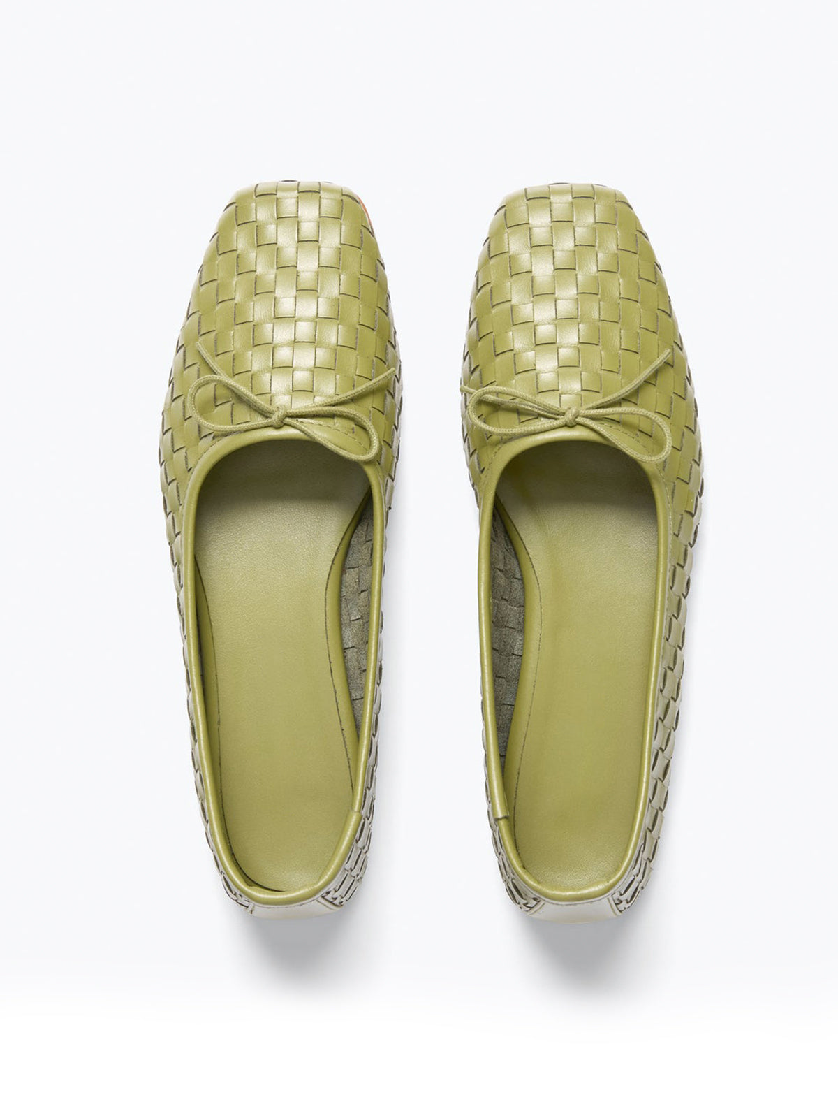 Vegan Leather Woven Square-Toe Bow Ballet Flats - Moss Green