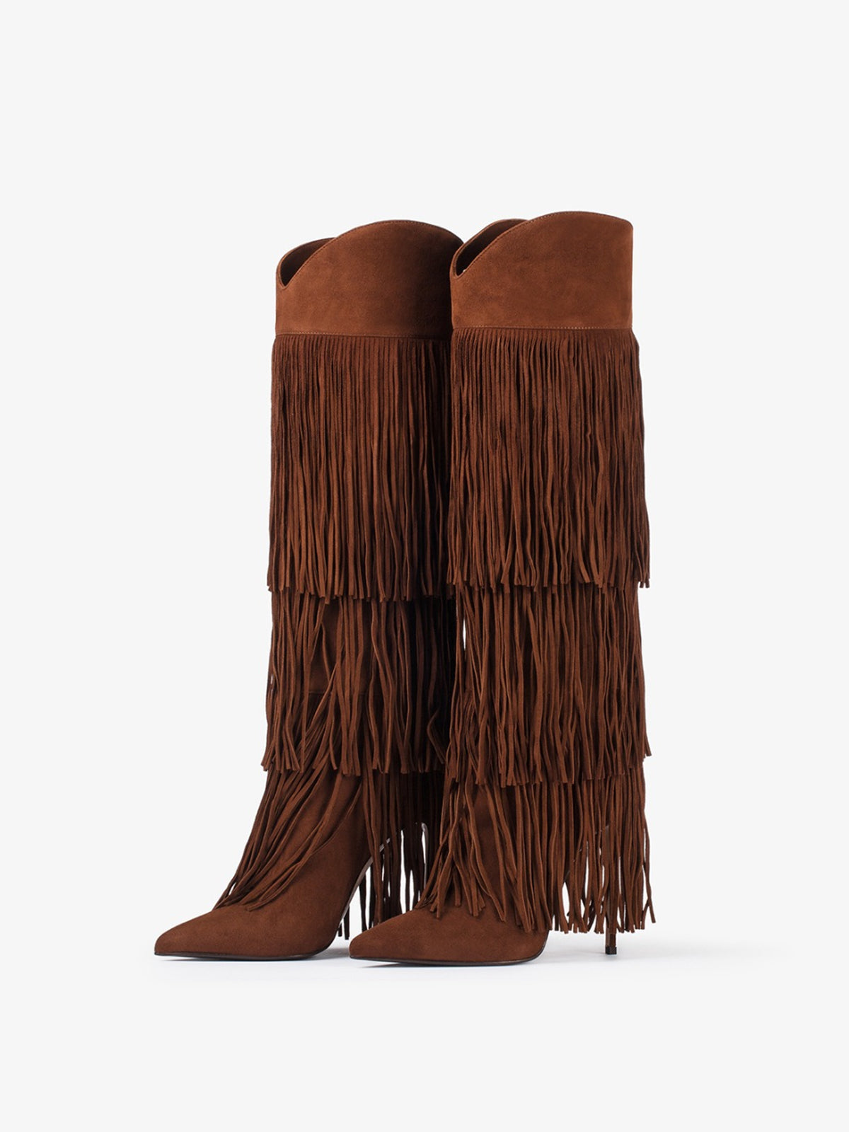 Brown Faux Suede Pointed-Toe Fringe Tall Knee High Wide Calf Stiletto Boots