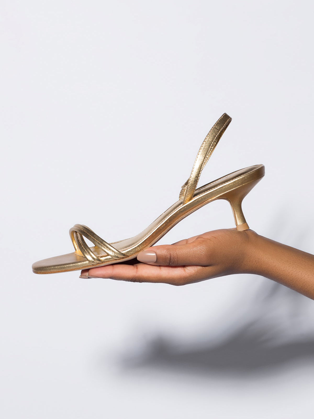 Metallic Gold Square-Toe Front Cross Strap Slingback Kitten Heels