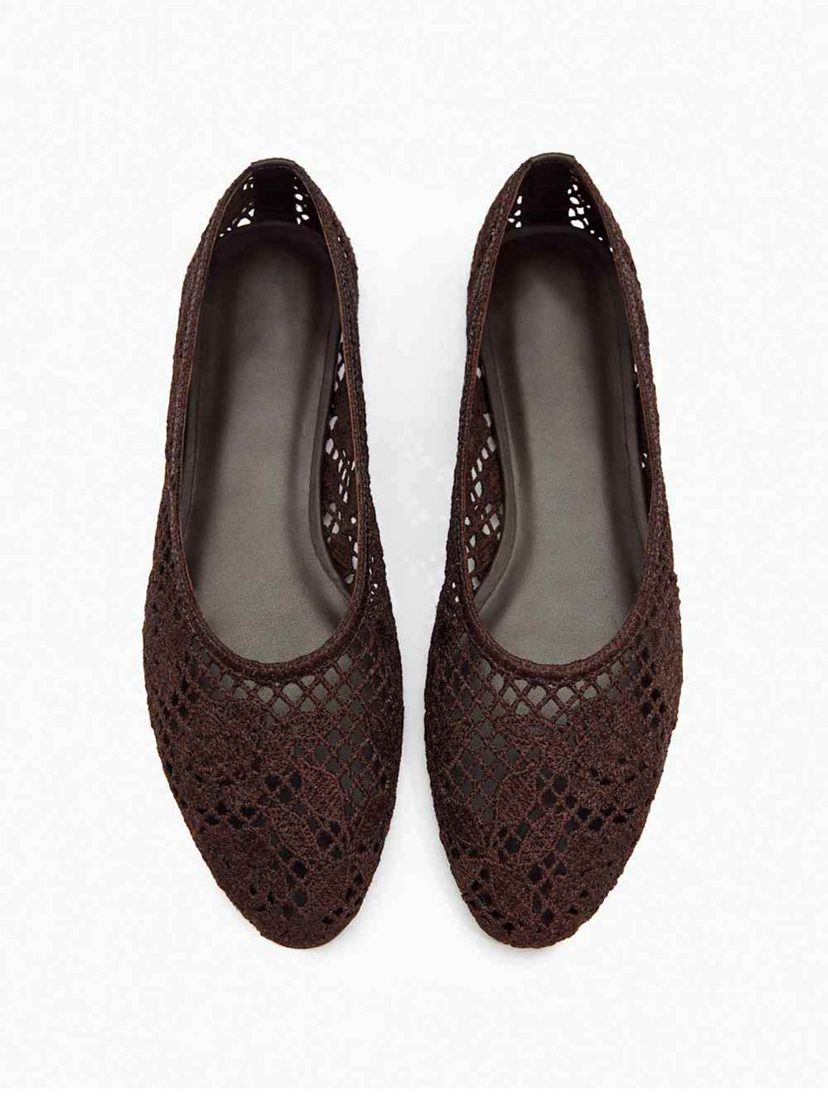 Chocolate Woven Round-Toe Floral Embroidery Slip-On Flats