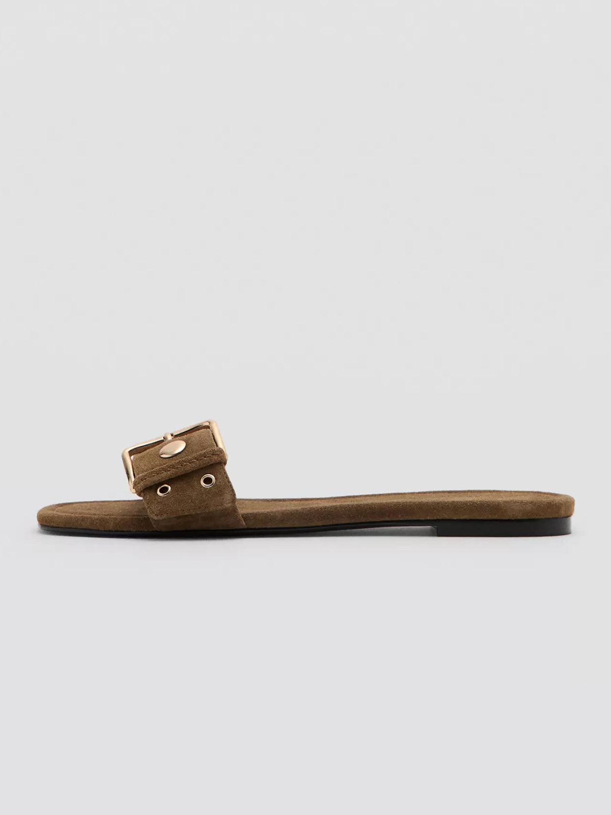 Brown Peep Square-Toe Front Buckle Strap With Studs And Eyelets Flats