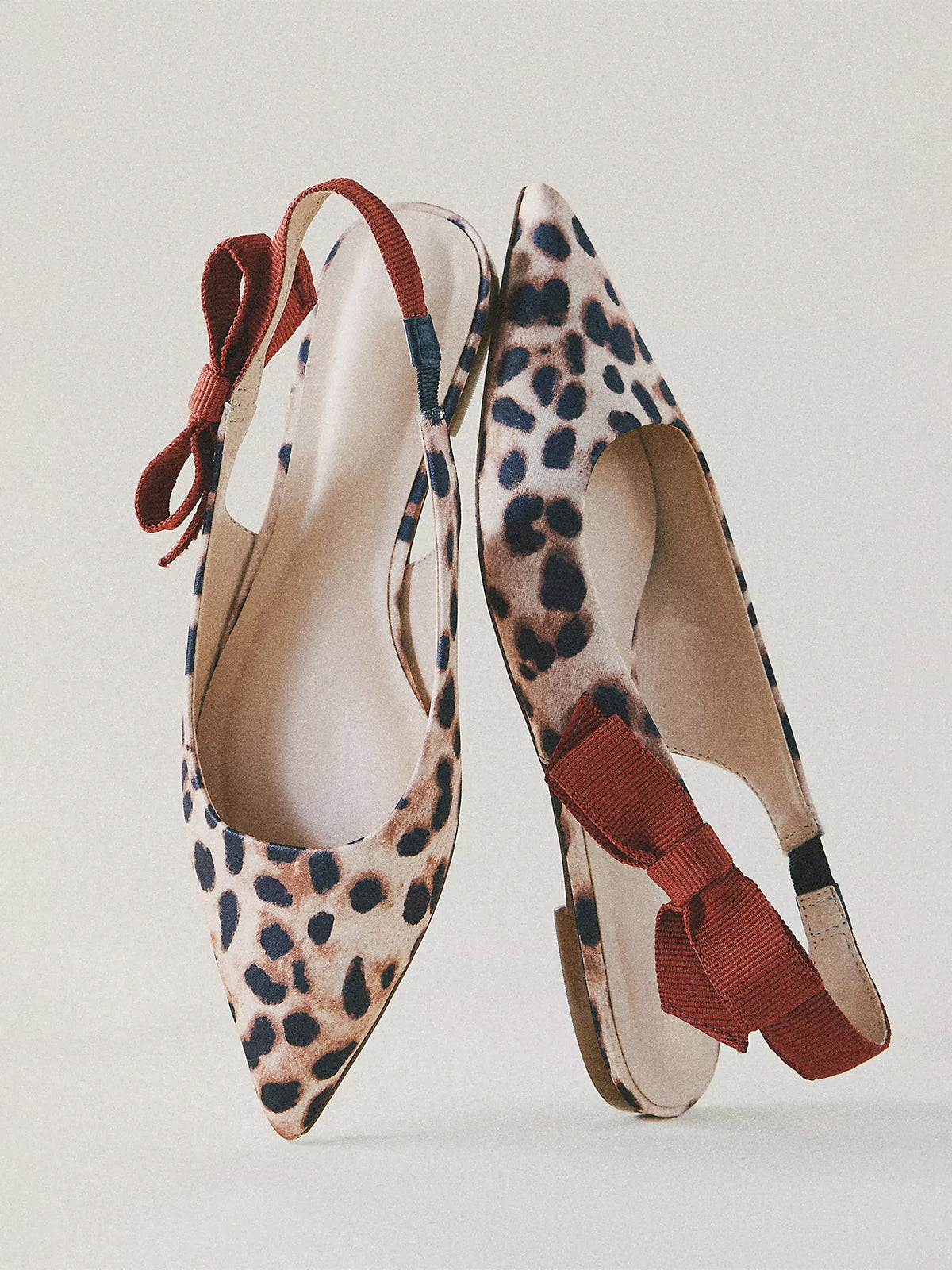 Leopard Satin Pointed-Toe Side-Bow Slingback Flats