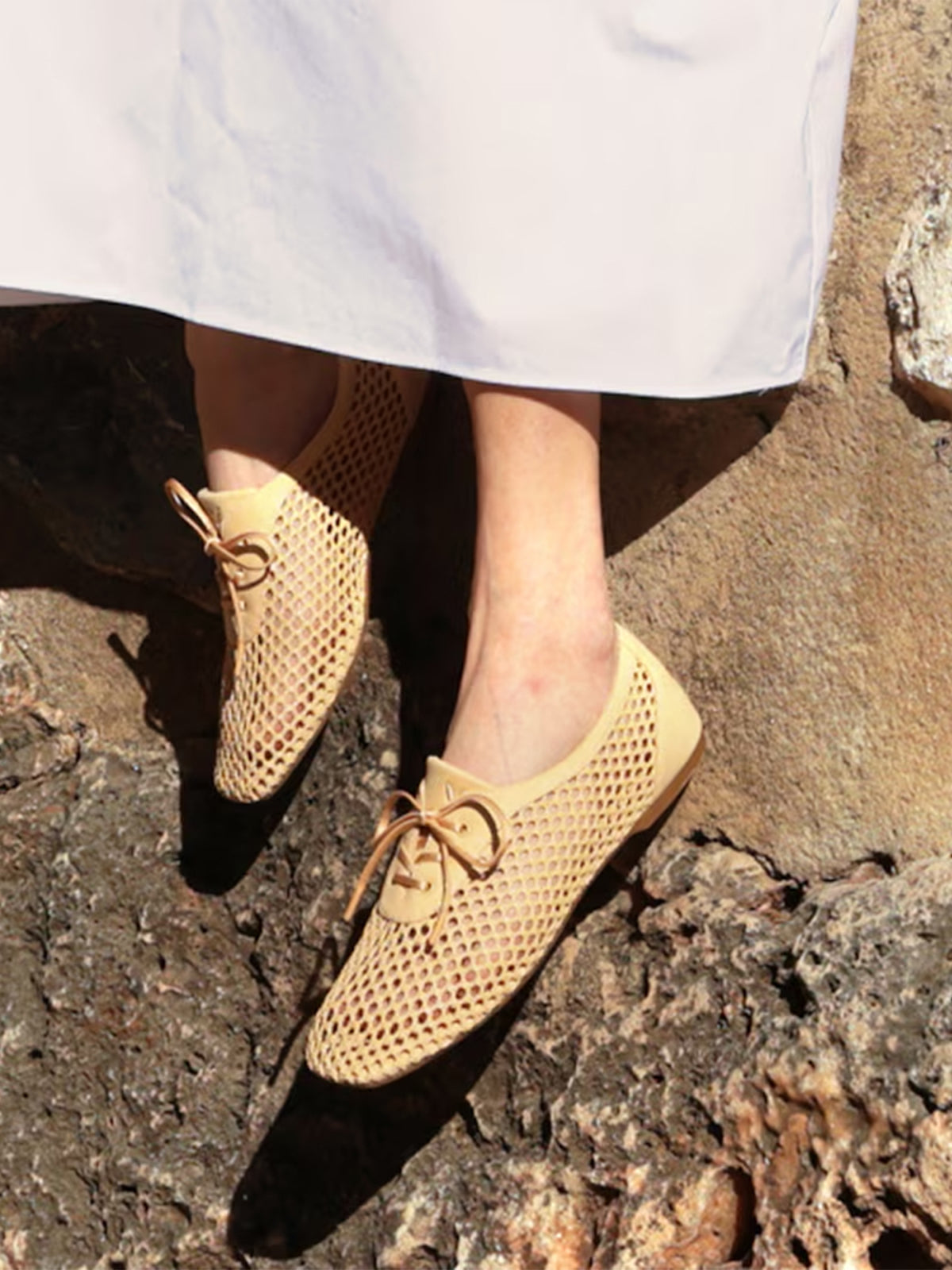 Nude Grass Woven And Faux Suede Square-Toe Lace-Up Chic Flats