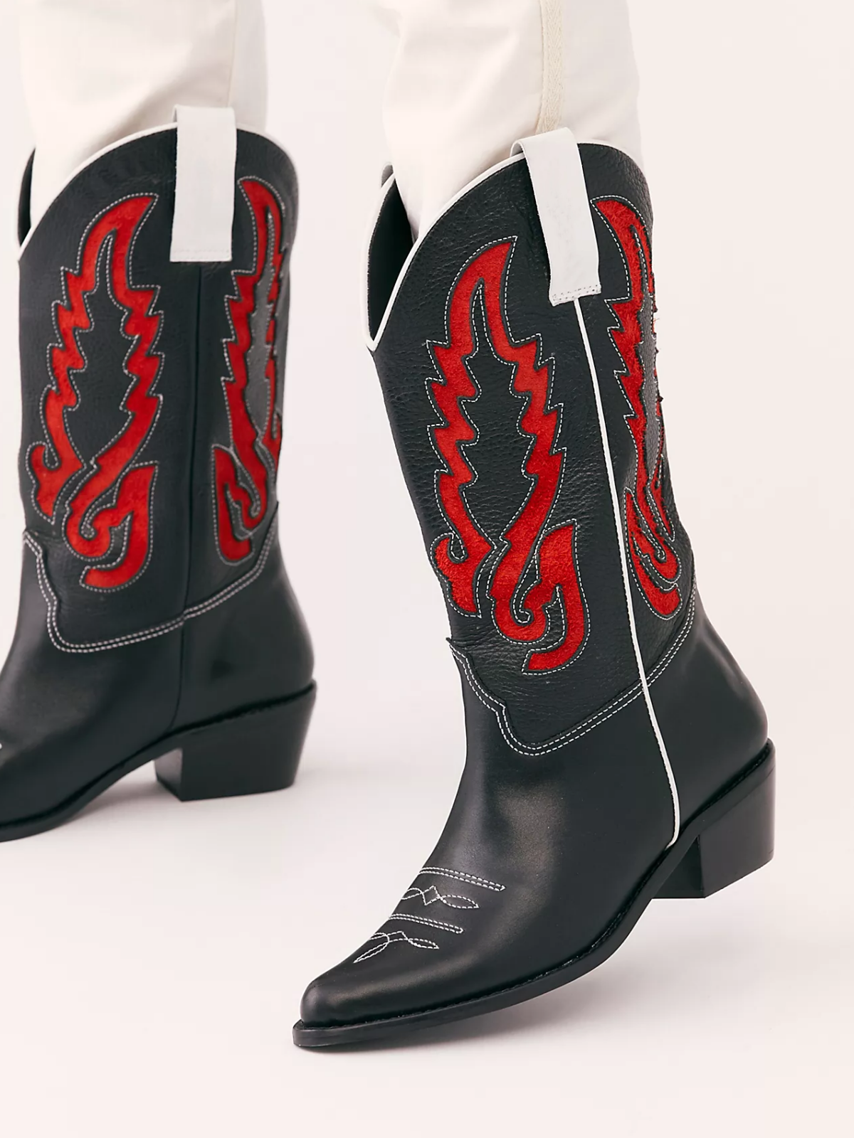 Black Pointed-Toe Inlay Wide Mid Calf Cowgirl Boots