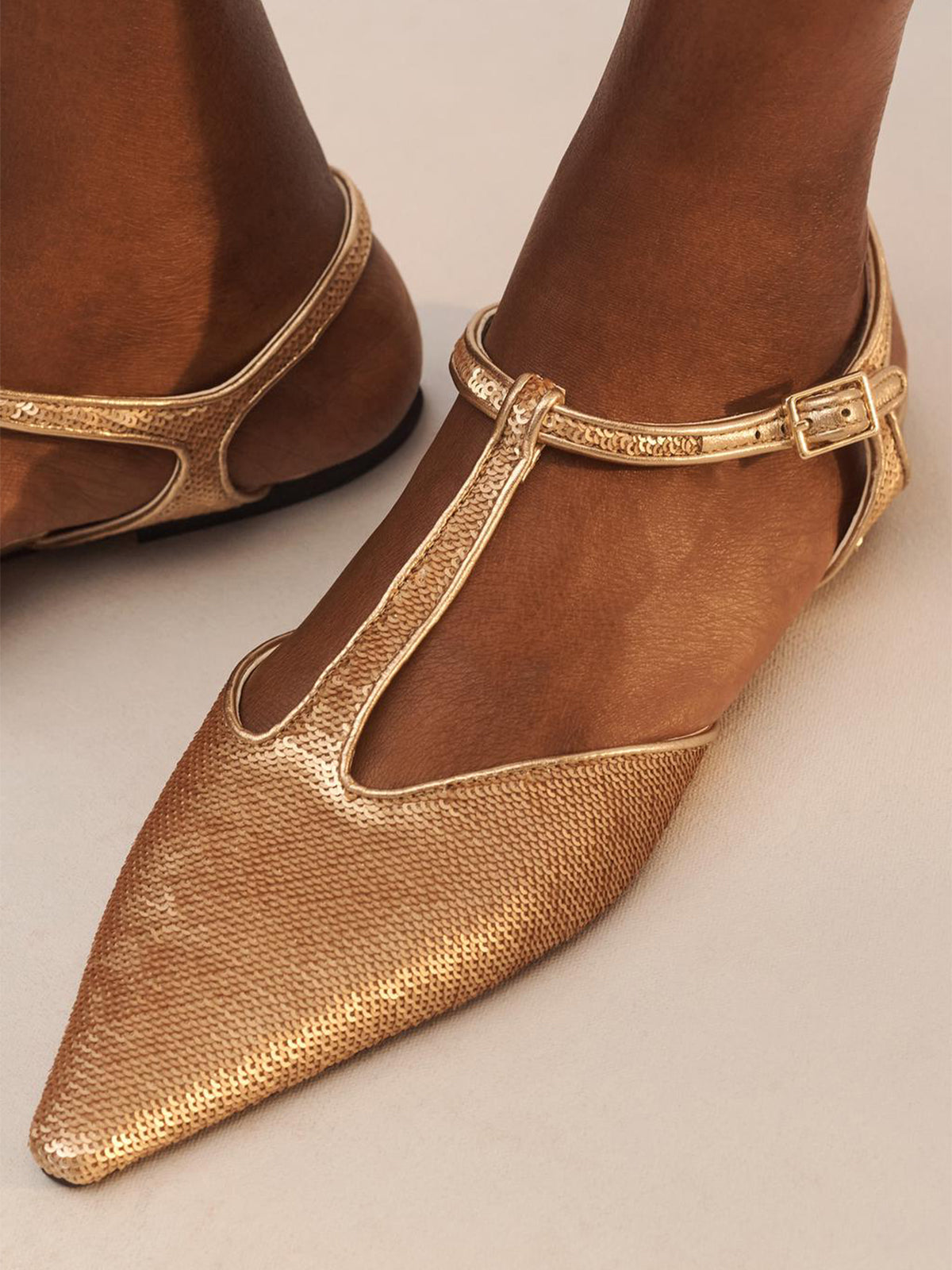 Metallic Gold Pointed-Toe Full Sequins And Ankle Strap Flats
