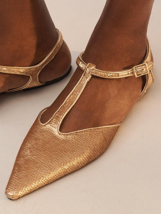 Metallic Gold Pointed-Toe Full Sequins And Ankle Strap Flats