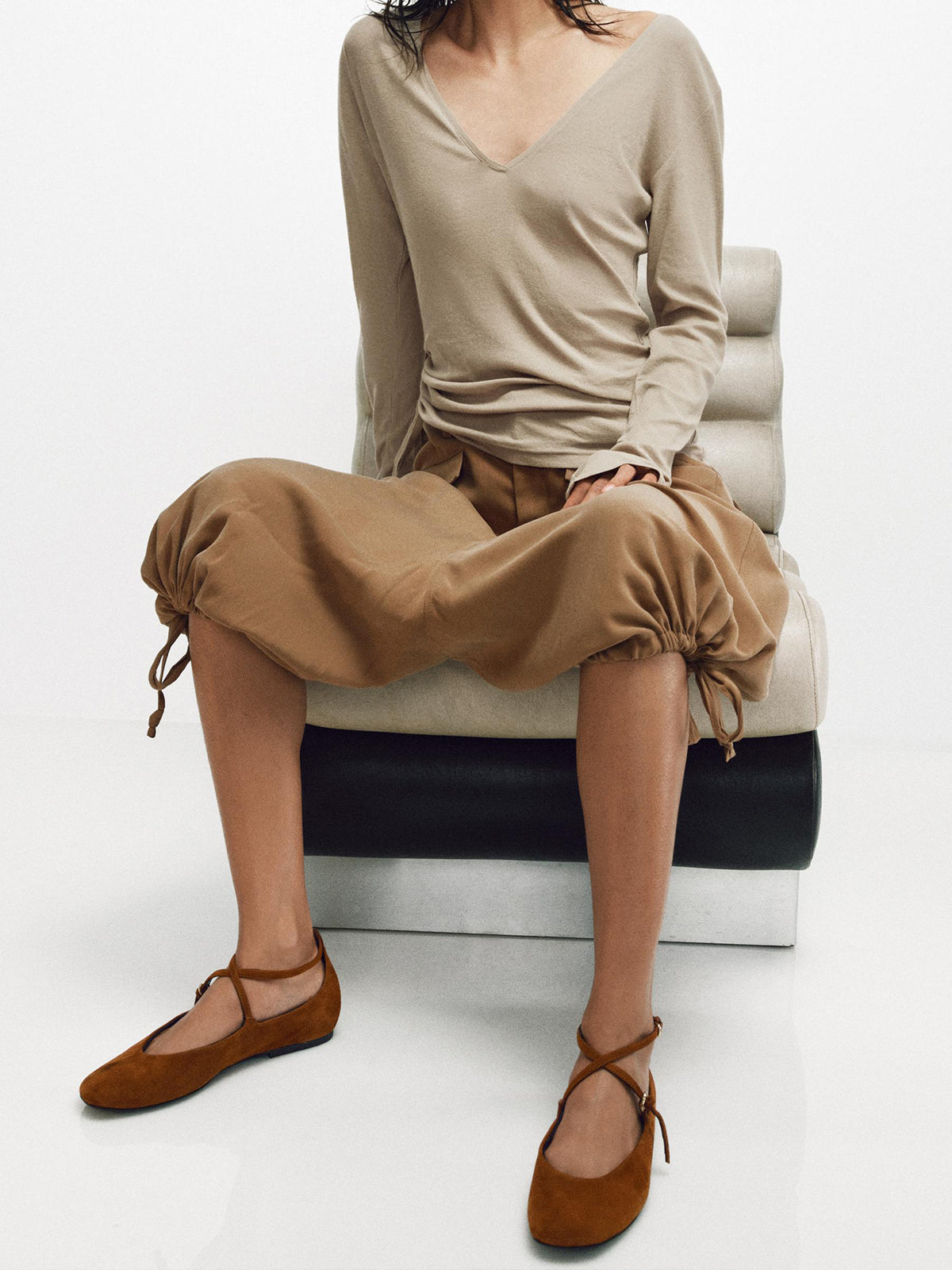 Brown Faux Suede Round-Toe Buckle Ankle Strap Ballet Flats