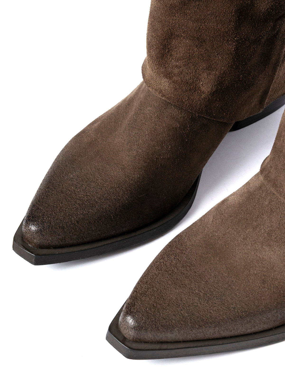 Brown Faux Suede Snip-Toe Fold-Over Back Studs Wide Calf Knee High Cowgirl Boots