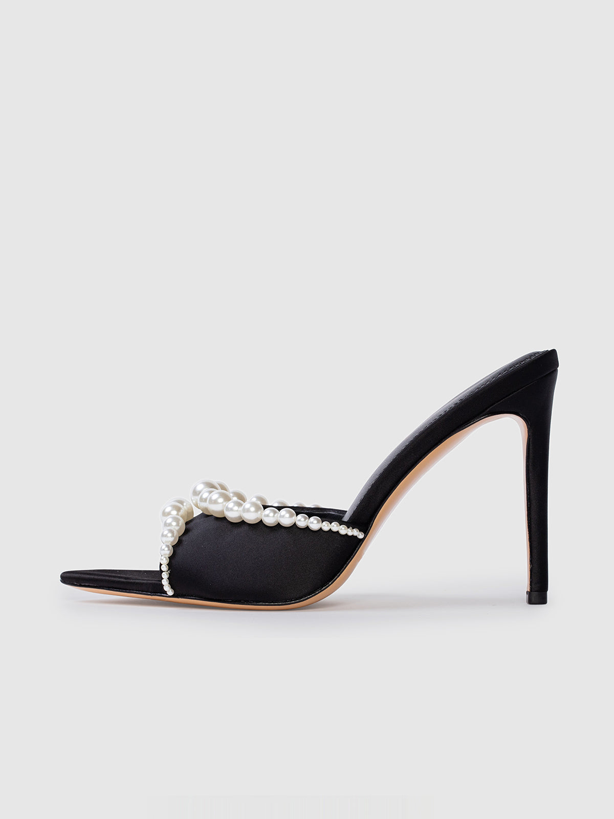 Black Satin Pointed-Toe Front Pearl High Heels