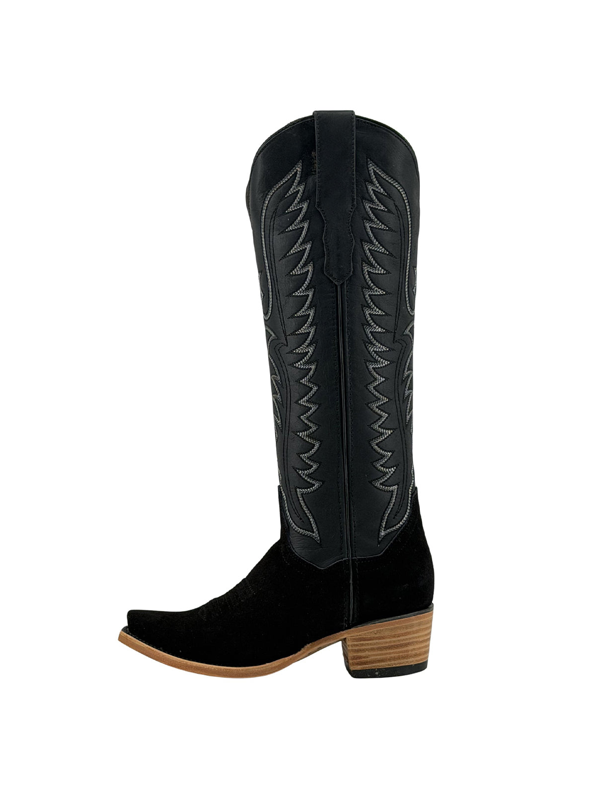 Black Snip-Toe Sleek Embroidery Half-Zip Knee High Cowgirl Boots For Woman