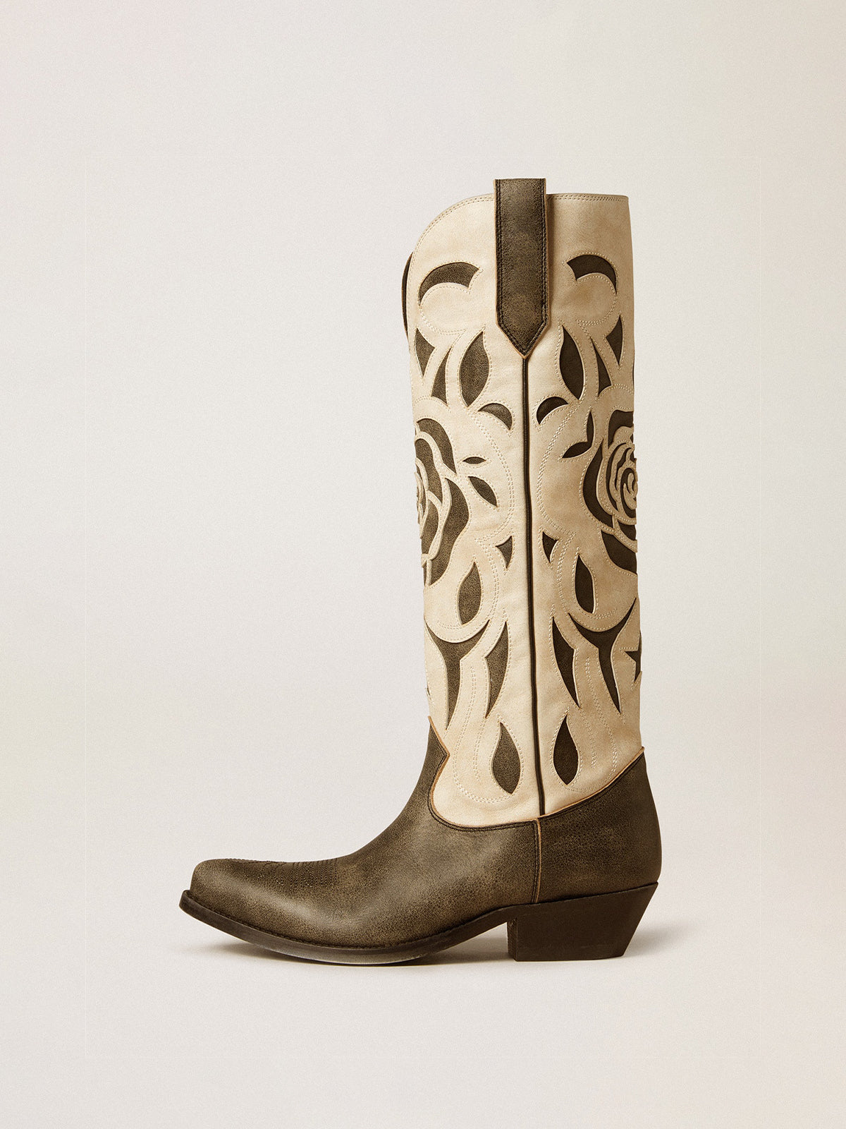 Contrast Beige And Brown Snip-Toe Rose Inlay Wide Calf Knee High Cowgirl Boots