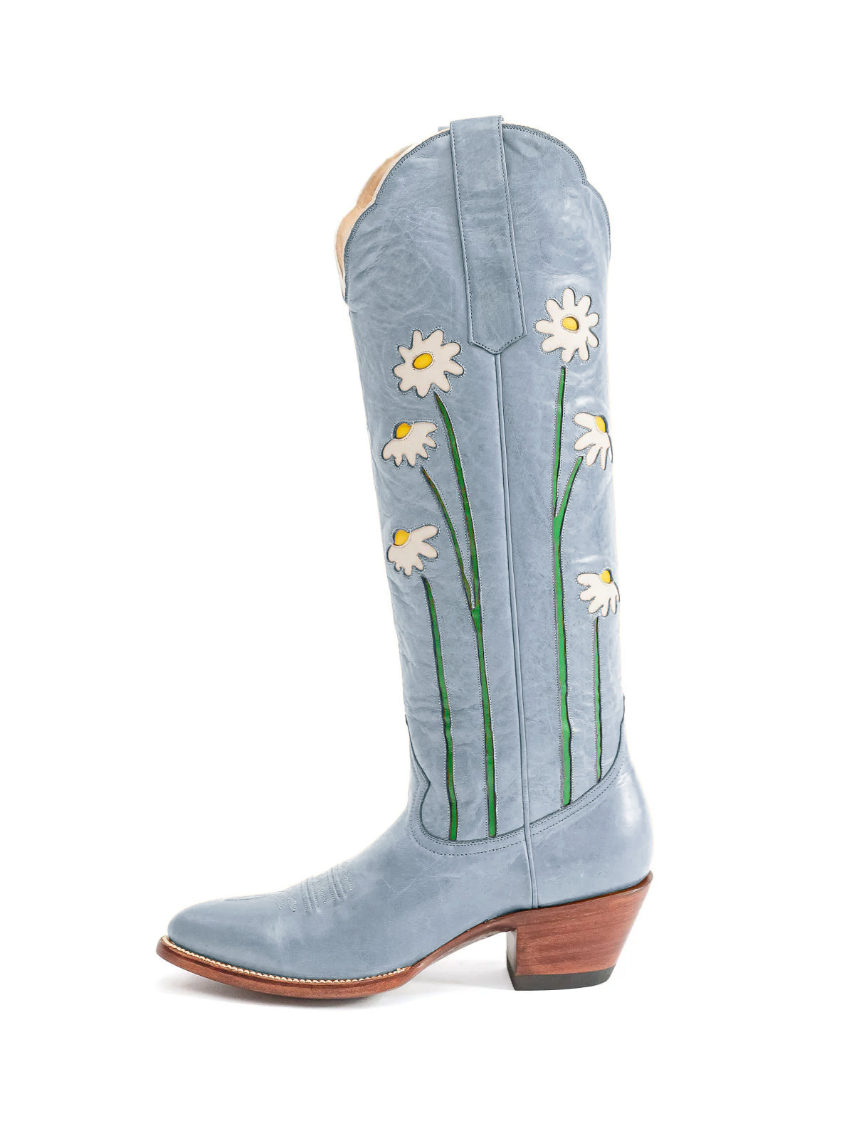 Gray Almond-Toe Wide Calf Western Boots Knee High Tall Boots With Floral Inlay