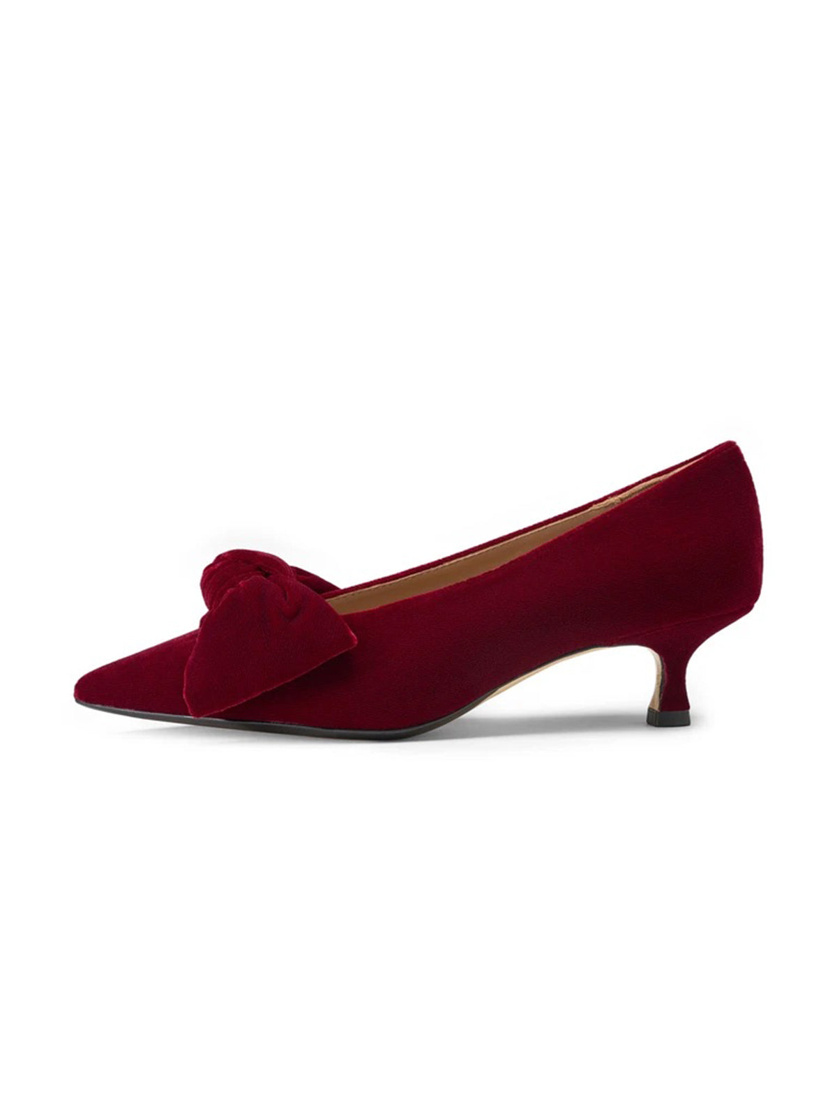 Dark Red Velvet Pointed-Toe Front Oversized Bow Slip-On Kitten Heels
