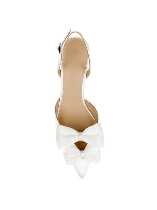 White Satin Pointed-Toe Front Double Bows Slingback High Heels