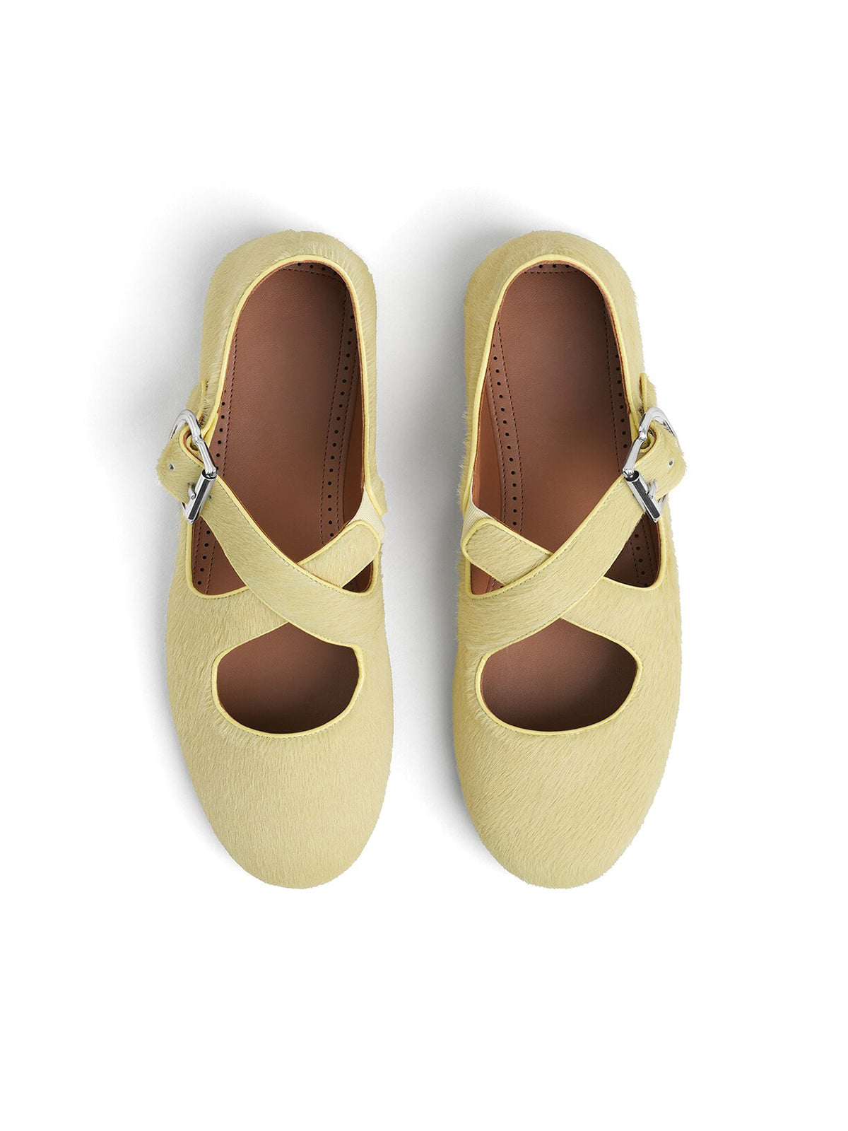 Light Yellow Pony Hair Round-Toe Criss Cross Strap Ballet Flats
