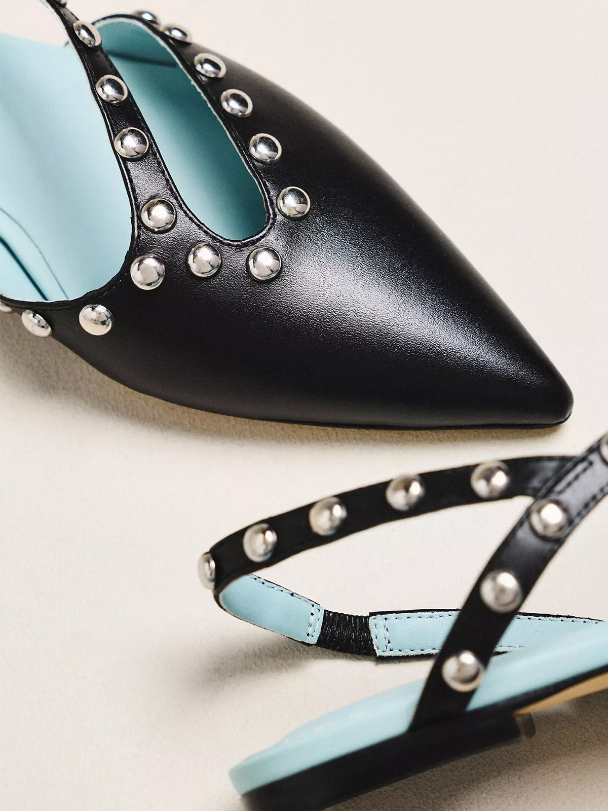 Black Pointed-Toe Studded Cutout Slingback Flats