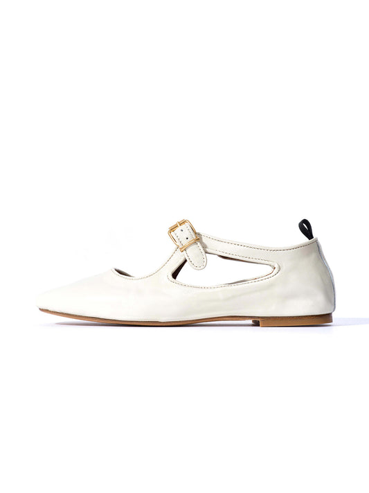 Square-Toe Buckle Strap Chic Flats - White