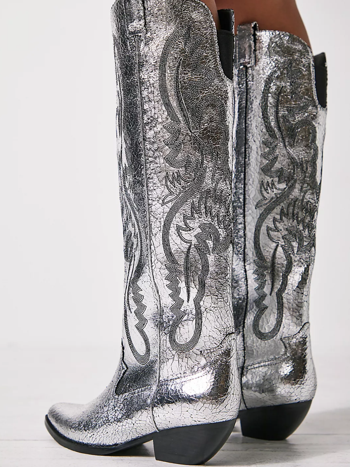 Metallic Silver Crinkle Embroidery Pointed-Toe Tall Wide Mid Calf Western Boots For Women