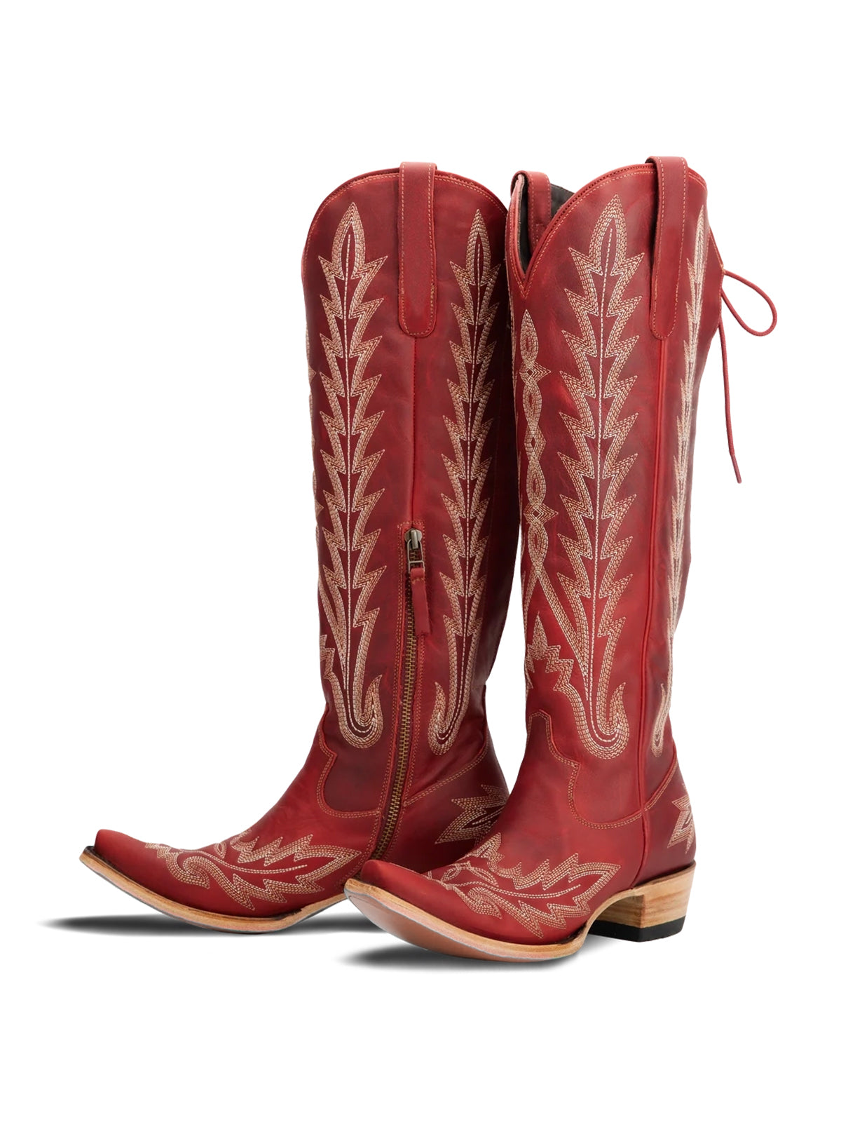 Snip-Toe Embroidery Half-Zip Back Lace-Up Knee High Cowgirl Boots - Ruby Red