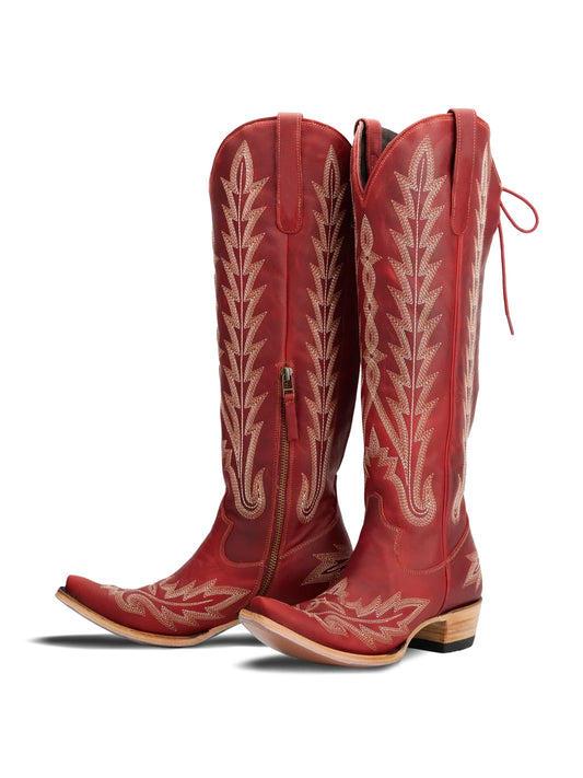 Snip-Toe Embroidery Half-Zip Back Lace-Up Knee High Cowgirl Boots - Ruby Red